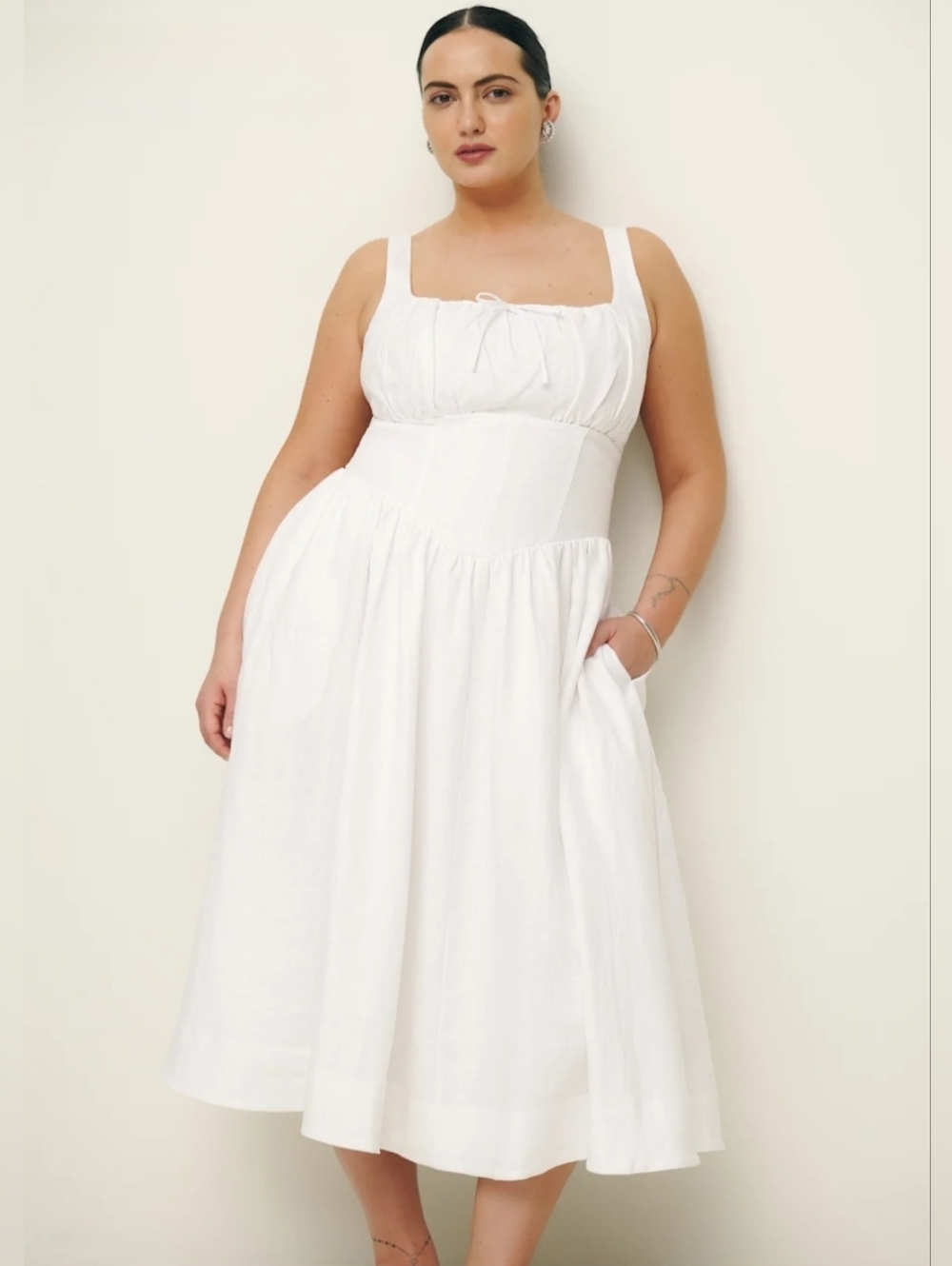 Reformation Balia White Square-Neck Linen Midi Dress with Pockets